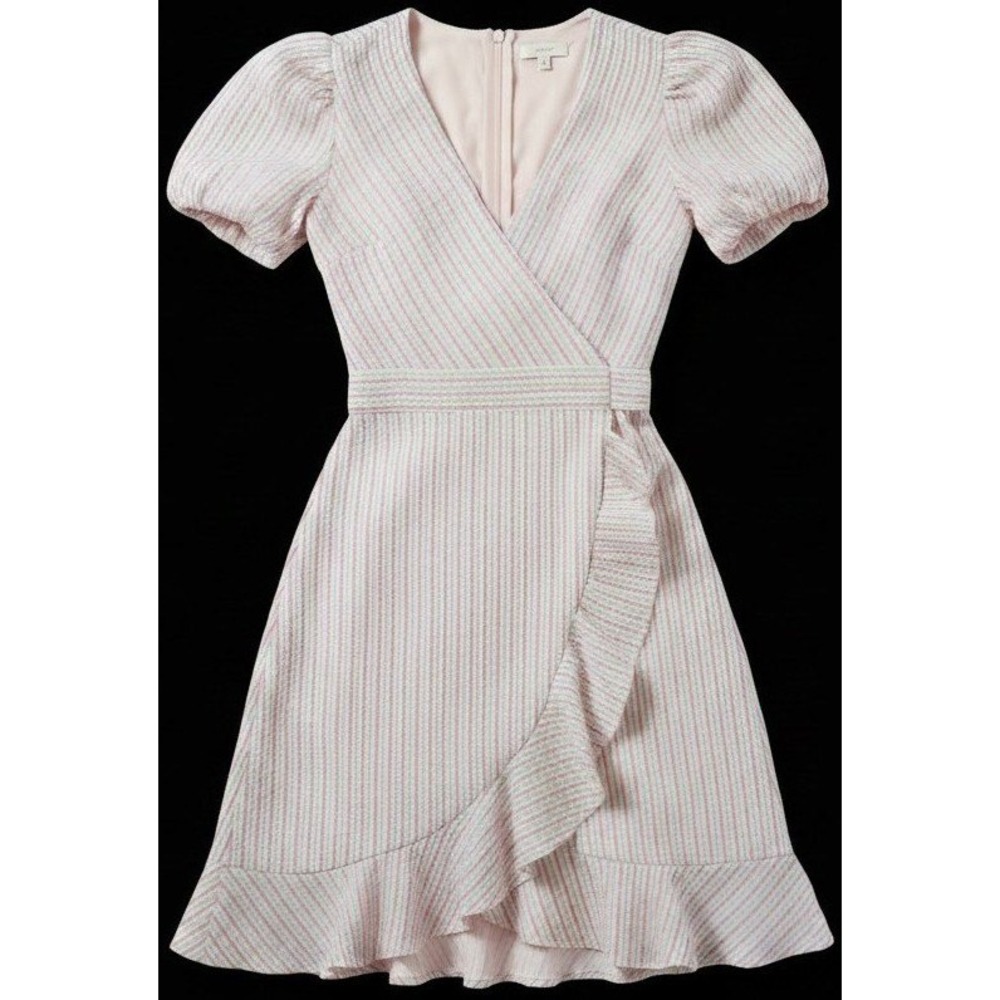 Draper James RSVP Women's Small Seersucker Wrap Dress Pink Green Stripe Ruffle